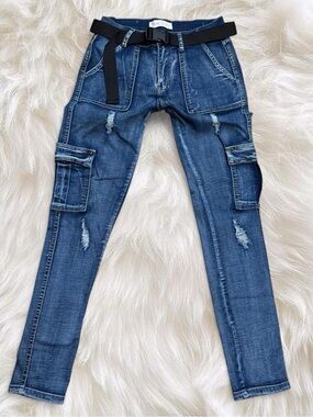 Track 23 Distressed Y2K Cargo Skinny Jeans Belted Dark Wash